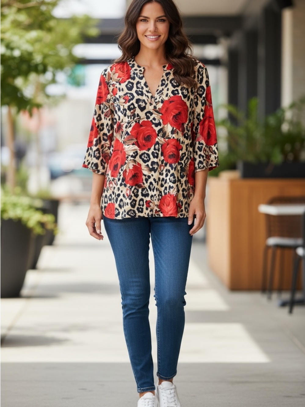Honeyme curvy xl Floral Leopard Print V-Neck Women’s Top in Red new